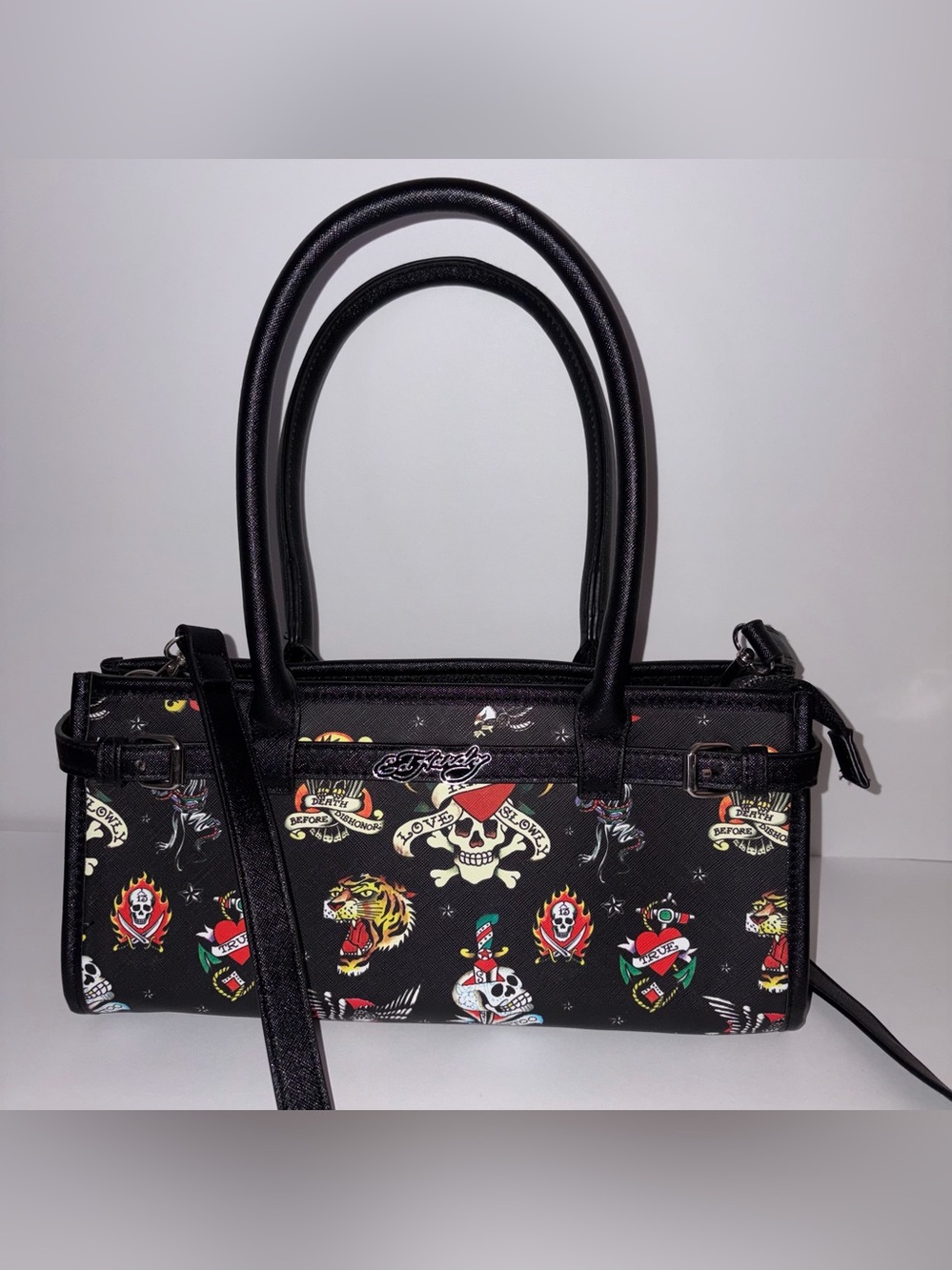 Ed Hardy Black Tattoo Motif Satchel with Multicolor Prints